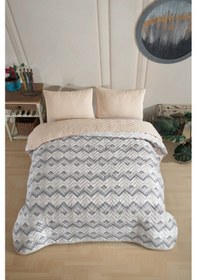 Resim Tek Kişilik Desenli Kapitone Çift Taraflı Renkli Pike Yatak Örtüsü Takımı 160x230 Cm Çarşafsız Bej 