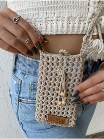 Resim ZÜMAL Lüx El Örgüsü Kadın Omuz Telefon Çantası ( Bej ) 