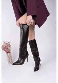 Resim Muggo Clarissa Sivri Burun Kroko Desenli İnce Topuklu Kadın Çizme Kahverengi 