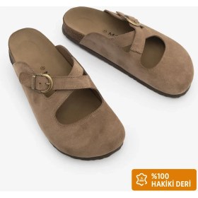 Resim Marjin Kadın Hakiki Deri Önü Kapalı Eva Taban Çapraz Bantlı Günlük Süet Sabo Terlik Menifa Camel Süet 