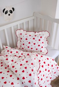 Resim Magnolia Kalpli Fırfırlı Bebek Nevresim Takımı | 3'lü Set ( Nevresim-Çarşaf-Yastık Kılıfı) | Pamuklu, Kırmızı Biyeli, Yumuşacık | 100 x 150 cm 