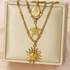 Resim Kadınların Şık 3 Parça Paslanmaz Çelik Kolye Seti - Güneş, Çiçek ve Denizyıldızı Tasarımı ile Vintage Altın Kolye, Günlük Kullanım ve Partiler için İdeal 