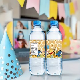 Resim 10 adet Winnie the Pooh Stickers, Doğum Günü Partisi İçecek Şişesi Etiketleri için, Winnie the Pooh, Tigger, Piglet ve Daha Fazlası ile, Renkli Çizgili Arka Planlar ile Tasarlanmış, Su Şişeleri ve Doğum Günü Süslemeleri için Mükemmel 