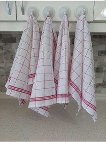 Resim Pamuklu Beyaz Kırmızı Çizgili Renkli 4'lü Kurulama Bezi,peçete 