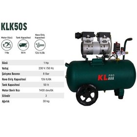 Resim Klpro KLK50S 1 Hp 8 Bar 50 LT Yağsız Sessiz Hava Kompresörü 