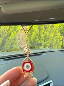 Resim Azrua Yaldızlı Kırmızı Balık Nazar Boncuklu Araba Ayna Süsü Araba Nazarlık Nazar Koruması 