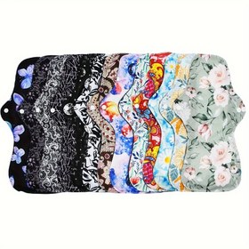 Resim 5 adet Rastgele Baskı Yeniden Kullanılabilir Menstrüel Ped, Ağır Akış İçin Bambu Bez Pedleri, Kadınlar İçin Kanatlı Büyük Hijyenik Ped Seti, Yıkanabilir Gece Bezli Külotlu Pedler Dönem Pedleri 