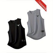 Resim 2 adet Erkek Casual Koşu ve Fitness Hızlı Kuruyan Kolsuz Yelek Seti, Gece Koşusu için Mükemmel, Geometrik Desen, Yuvarlak Yaka, Hafif Esnek Kumaş, Sıcak Damga Detayı, Normal Beden, Yetişkinler için 