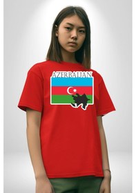 Resim Azerbeycan Bayrak Ülke Pamuklu Bisiklet Yaka Unisex Oversize Boyfriend Dijital Baskılı Kırmızı T-shirt Kırmızı 