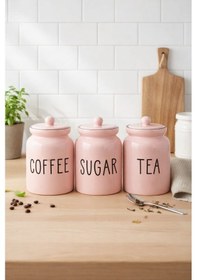 Resim Dekorasyaa 3'lü Seramik Çay - Kahve - Şeker Kapaklı Kavanoz Seti - Pembe Pembe 
