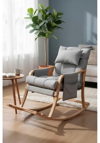 Resim Reyo Paşa Ahşap Sallanan Sandalye, Boyun Yastıklı Çıkartılabilir Kılıflı Minderli Dinlenme Koltuğu Emzirme Koltuğu Açık Gri 