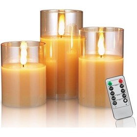 Resim Yunboo 3'lü Kahverengi Cam Elektronik Mum Seti - Uzaktan Kumandalı, Titreyen Isı Beyaz Işık, Zamanlayıcı Fonksiyonu, 2xaa Pil İle Çalışır Piller Dahil Değil Sıcak Beyaz 