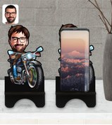 Resim Bk Gift Kişiye Özel Erkek Motorcu Karikatürlü Ahşap Biblo Telefon Standı-2 