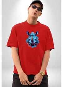 Resim Su Aygırı Hipopotamo Renkli Pamuklu Bisiklet Yaka Kadın Erkek Oversize Boyfriend Dijital Baskılı Kırmızı T-shirt Kırmızı 