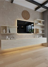 Resim Resital Ledli Duvara Monte Tv Sehpası - Traverten - W6011-8 Traverten 