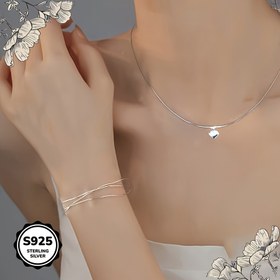 Resim 925 Gümüş Yılan Kemik Kalp Kolye ve Üç Katmanlı Yılan Kemik Bileklik Kadın Takı Seti, Sevgililer Günü veya Anneler Günü için Mükemmel Hediye 