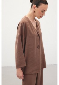 Resim Sateen Düğmeli Kimono - Kahve-136354 Kahve 