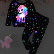 Resim Kızlar için 2 adet Unicorn & Starry Night Pijama Seti - Yumuşak Polyester, Uzun Kollu, Yuvarlak Yaka, Alev Geciktirici, Tüm Mevsimler İçin Rahat, Günlük Hediyeler İçin İdeal, Kız Pijamaları | Canlı Tasarım | Rahat Giyim 