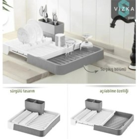 Resim Sürgülü Bulaşık Kurutma Sepeti , Açılır Kapanır Plastik Bulaşıklık /GRİ 