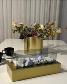 Resim Arif Şömine Metal Gold Renk Masa Üstü Şömine Sertifikalı Yakıt Ve Dekoratif Taş 