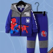 Resim 2 adet Marvel Sonbahar ve Kış Mavi Örümcek Adam Desenli Moda Trend Yuvarlak Yaka Sıcak Ceket & Mavi İki Parça Takım Rahat Günlük Kapüşonlu Pantolon ile, Hediye olarak mükemmel, Açık hava için mükemmel 