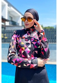 Resim Yarım Fermuarlı Likralı Tam Kapalı Mayo R4501 Pembe Geometri Siyah 