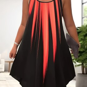 Resim Kadınlar İçin Plus Beden Şık Gradyan Baskılı Elbise - Kolsuz, Çift İnce Askılı, Yuvarlak Yaka, Esnek Polyester Karışımı, Makinede Yıkanabilir, İnce Askılı Halter Elbise 