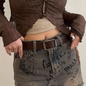 Resim Kahve Rengi ve Siyah Askılı Geniş Kemer Tasarımlı 2023 Yeni Yazlık Dekoratif Kadın Kot Pantolonları 