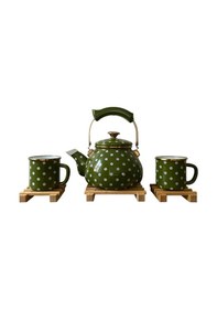 Resim Morponi Retro Emaye Çaydanlık Ve Kupa Takımı 6 Parça Puantiyeli Set Yeşil Yeşil 