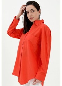 Resim Tek Cepli Kolları Katlı Oversize Kalın Keten Gömlek - Turuncu-turuncu Turuncu 