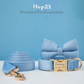 Resim Dog Collar Named Sky Blue Velvet Collar 595658 - Leash + Bow Tie + Leash Rope / L 