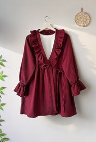Resim MODAQU Yaka Fırfırlı Yan İp Bağlamalı Kimono - Bordo 