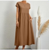 Resim 2022 Yeni Düz Renk Kolsuz Etek Gevşek Pamuk Keten Elbise Ekleme Cepler Elbise Kahverengi 