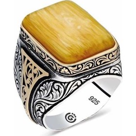 Resim ​Gümüş Sıkma Kehribar Kare Erkek Yüzük (510933280) 