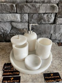 Resim Polen Stone Beyaz Mermer 5'li Banyo Seti Gümüş Rengi Aksesuarlı 1.sınıf Mermer 