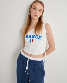 Resim Koton Tek Omuz Üst France Baskılı Fiyonk Detaylı Büzgülü Slim Fit Ekru 4sal30255ık Ekru 
