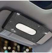 Resim Novahub Siyah Araba Visor Doku Tutucu Asılı Deri Kristaller Yapay Elmas Kağıt Havlu Kılıfı Araba Aksesuarları İçin 