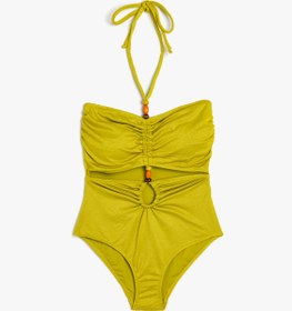 Resim Halter Yaka Mayokini Pencere Detaylı Boncuklu Büzgülü Kaplı 