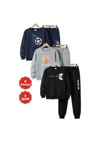 Resim Fyk Kids 3 İplik Kışlık Yuvarlak Yaka Baskı Detaylı Şardonlu 6 Parça Erkek Çocuk Eşofman Takımı Lacivert-gri-siyah 