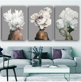 Resim Gri Tonlu Çiçek Başlı Kızlar Set Kanvas Tablo 