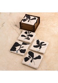 Resim Süzülen Çiçekler Doğaltaş Traverten Ahşap Kutulu 4'lü Bardak Altlığı 