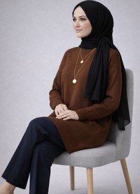 Resim ModaAzen Kahverengi Bisiklet Yaka Oversize Kadın Triko Tunik 