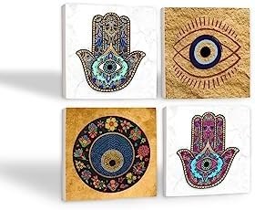 Resim Nazar, Fatma Ana Eli (Hamsa) Taş Bardak Altlığı Seti - 4 Parça - Dekoratif, Rustik Mutfak Aksesuarı, 10x10 cm, Kaydırmaz Tabanlı, Şık ve Dayanıklı SC511 
