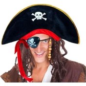 Resim Yetişkin Boy Kadife Kaptan Jack Sparrow Korsan Şapkası ve Plastik Korsan Göz Maskesi 