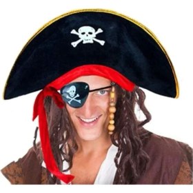 Resim Yetişkin Boy Kadife Kaptan Jack Sparrow Korsan Şapkası ve Plastik Korsan Göz Maskesi 