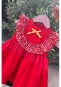Resim Çiçekli Fırfır Ve Kurdele Detaylı Kırmızı Kız Çocuk Bebek Poplin Elbise 001 
