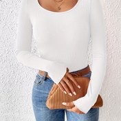 Resim Kadınların Kırmızı Uzun Kollu Tekne Yaka Kırpma Üstü - Rahat, Dar Kesim, Esnek Kumaş, Tüm Mevsim Tarzı, Rahat Kıyafet|Tekne Yaka Üstü|Esnek Malzeme 