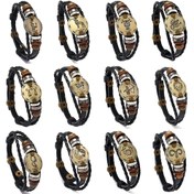 Resim Antik Gümüş Kaplama Kolye Uçlu 12 Burç Sembolü Deri Bileklik Seti - Erkek Aksesuarları 