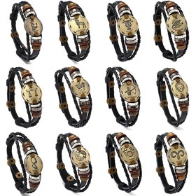 Resim Antik Gümüş Kaplama Kolye Uçlu 12 Burç Sembolü Deri Bileklik Seti - Erkek Aksesuarları 
