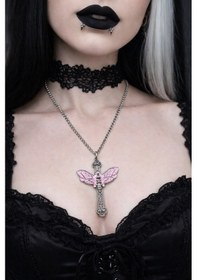 Resim Pembe Kelebek Detaylı Gotik Haç Kolye Gümüş Renk Zincir Unisex Çok renkli 